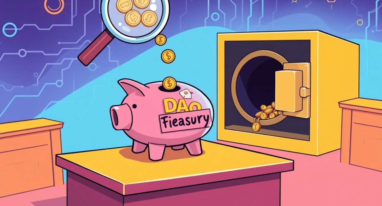 Cartoon illustration investigating the flow of Aave CoW Swap fees into a DAO treasury.